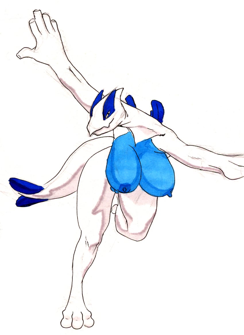 3_toes 5_fingers anthro areola barely_visible_genitalia barely_visible_pussy big_breasts biped breasts feet female fingers genitals hi_res huge_breasts legendary_pokémon looking_at_viewer lugia marker_(artwork) nintendo nipples pokemon pokemon_(species) pose pussy realius simple_background solo standing thick_thighs toes traditional_media_(artwork) video_games