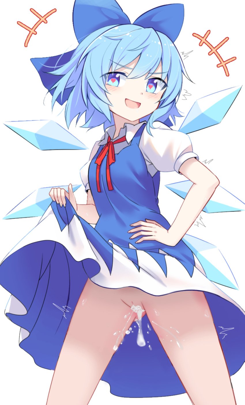 ass blue_eyes blue_hair blush cirno cum dress e.o. edit eee1234 eodayo heart-shaped_pupils ice lifting_skirt puffy_pussy pussy ribbon short_hair skirt_lift smile sweat sweating third-party_edit touhou transparent_background trembling white_skin