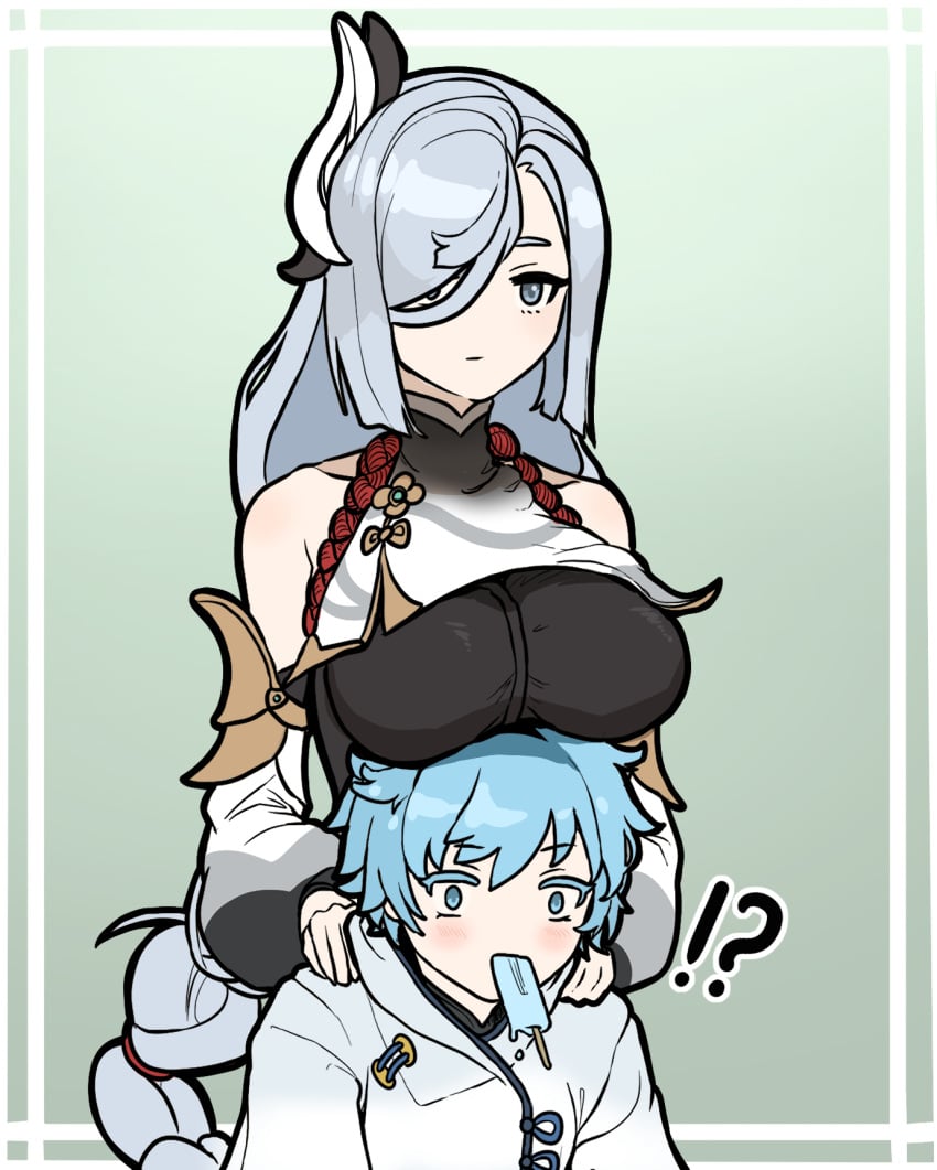 !? 1boy 1girls 2021 aunt_and_nephew blue_background blue_eyes blue_hair blush bodysuit braid breast_rest breasts breasts_on_head chinese_clothes chongyun_(genshin_impact) chroong_(artist) clothed clothing female food food_in_mouth genshin_impact gradient_background grey_eyes grey_hair hair_ornament hair_over_one_eye hands_on_shoulders highres large_breasts long_hair long_ponytail male matching_hair/eyes ponytail popsicle shenhe_(genshin_impact) short_hair simple_background single_braid standing surprised tied_hair very_long_hair wide_eyed