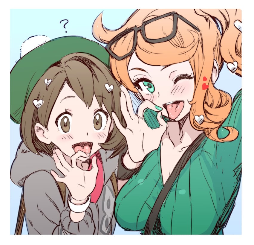 2girls alternate_breast_size blowjob_gesture blush breasts brown_eyes brown_hair camera fellatio_gesture gloria_(pokemon) green_eyes hair_ornament hat large_breasts long_hair looking_at_viewer nintendo open_mouth orange_hair photo pokemon pokemon_ss ponytail recording ribbed_sweater selfie short_hair sonia_(pokemon) suggestive_gesture sunglasses sunglasses_on_head tongue tongue_out whooosaku wink