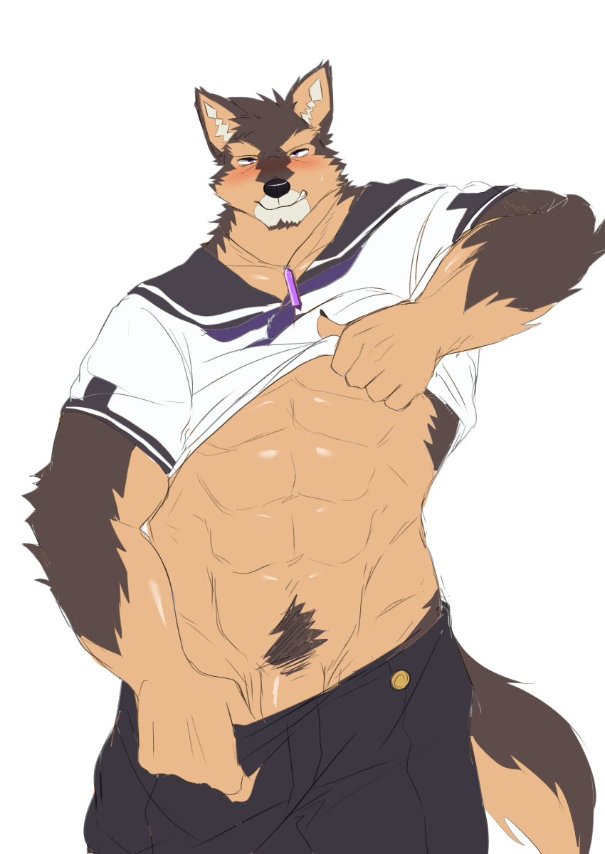 1boy abs absurdres animal_ears bara blush clothes_lift clothes_pull cowboy_shot dog_boy dog_ears dog_tail flaccid furry furry_male highres ioenami large_pectorals lifted_by_self live-a-hero looking_at_viewer male_focus male_pubic_hair muscular muscular_male navel navel_hair nipples no_male_underwear pants pants_pull pectorals penis penis_peek pubic_hair pubraseer sailor sailor_collar sailor_shirt seductive_smile shirt shirt_lift short_hair smile solo stomach tail underpec white_background