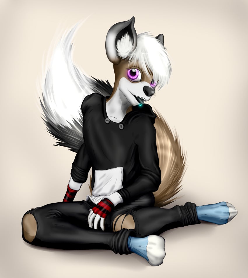 absurd_res anthro bottomwear brown_body brown_fur canid canine canis character_aku claws clothing denim denim_clothing dirty domestic_dog emo feet fluffy footwear fox fur grey_body grey_fur hi_res hoodie invalid_tag jeans male mammal muffinvinvin pants paws piercing pink_eyes sitting skinny slim smelly socks solo tail toes topwear white_body white_fur