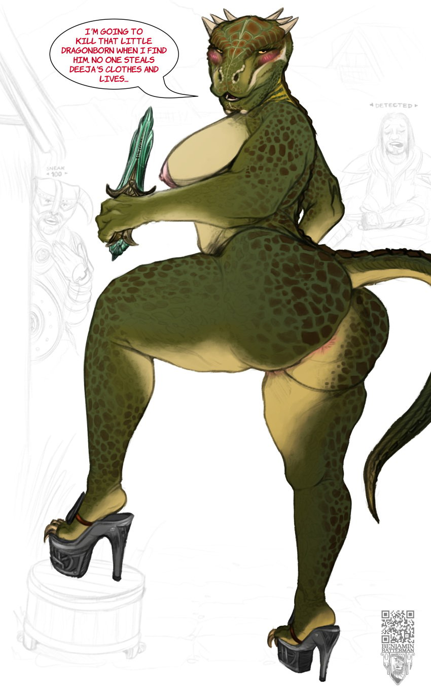 2d anthro ass band1tnsfw benjamin_ratterman bethesda_softworks big_breasts big_butt big_nipples breasts deeja dialogue digital_drawing_(artwork) digital_media_(artwork) dovahkiin eabsurd_res embarrassed english_text farkas female hi_res high_heels lizard looking_back nipples nude portrait reptile scalie scalie_female scalie_only skyrim solo text the_elder_scrolls thick_thighs video_games