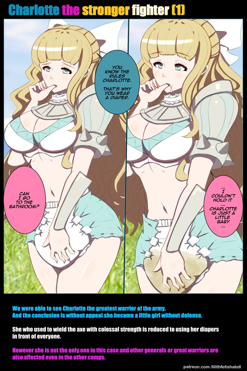 1girls abdl bangs bare_midriff bare_thighs blonde_hair blue_eyes breasts charlotte_(fire_emblem) cleavage comic diaper drooling english_text female_only femsub fire_emblem fire_emblem_fates humiliation infantilism large_breasts lilith-fetish long_hair midriff mind_control nintendo peeing peeing_self saliva saliva_trail scat solo text thighs thumb_sucking urine very_long_hair wavy_hair