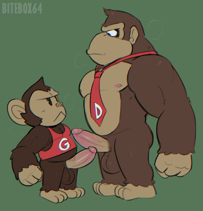 2022 anthro ape balls bitebox64 bottomless clothed clothing comparing_penis donkey_kong donkey_kong_(series) duo eye_contact fist genitals gongon green_background haplorhine hi_res humanoid_genitalia humanoid_penis looking_at_another male male_only mammal monkey mostly_nude necktie necktie_only nintendo nipples penis primate red_clothing red_necktie red_shirt red_topwear shirt shirt_only simple_background standing super_monkey_ball topwear topwear_only vein veiny_penis video_games