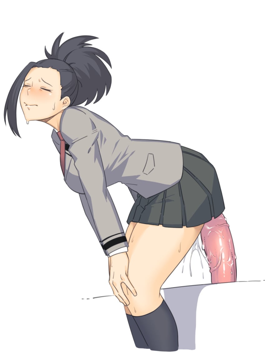 1girls anal_juice black_hair black_legwear black_skirt blush closed_eyes closed_mouth dildo dildo_reveal dildo_sitting dyun female grey_jacket highres huge_dildo jacket long_sleeves masturbating masturbation miniskirt momo_yaoyorozu my_hero_academia necktie pleated_skirt ponytail pussy_juice red_necktie school_uniform sex_toy shounen_jump simple_background skirt slq socks solo sweat torogao white_background