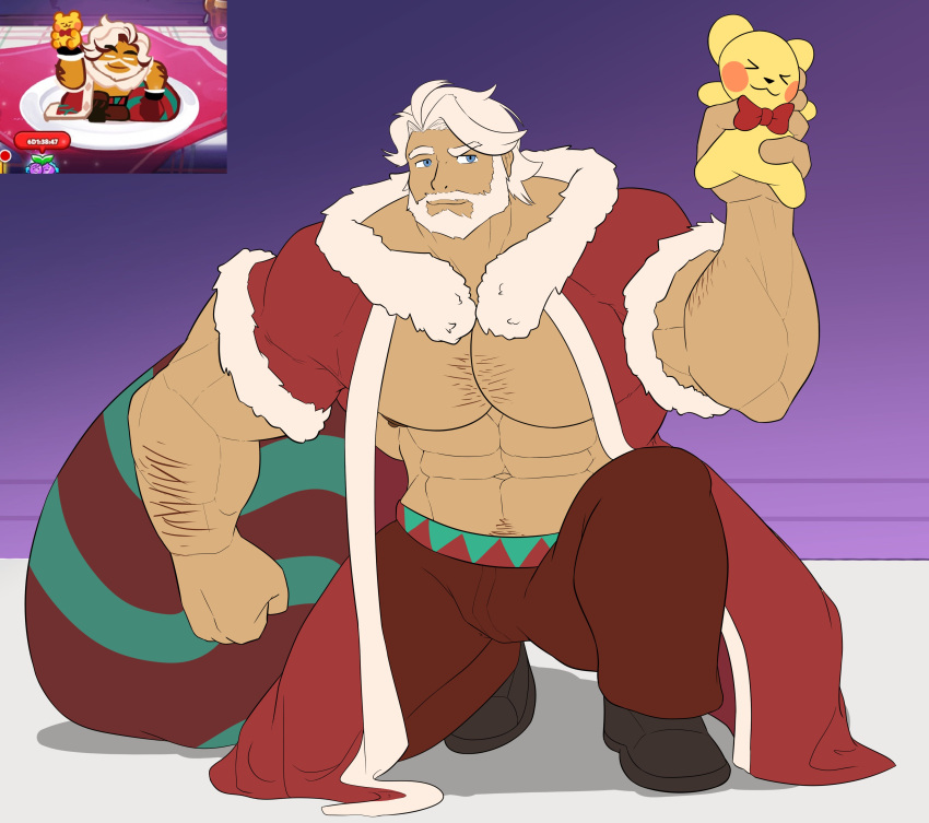 bara bara_tits beard beefcake big_pecs blue_eyes christmas christmas_outfit cookie_run eggnog_cookie huge_pecs hunk koffisusu69 male male_nipples male_only moustache muscle muscles muscular muscular_male nipples santa_claus short_hair smile smiling tanned_skin uwu white_hair