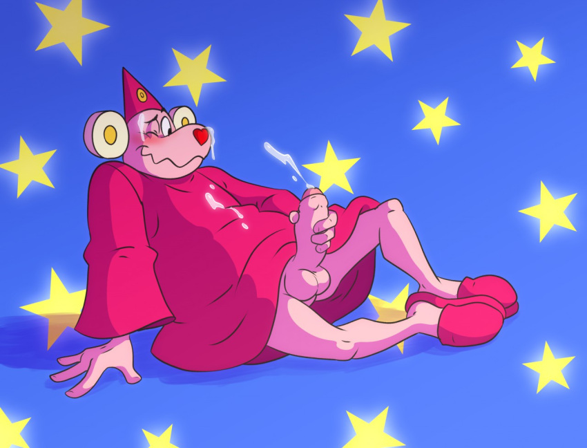 anthro blush ejaculation erection furry hat ladysomnambule male pink_fur red_nose robe slippers solo star_background star_street wavy_mouth wink wizard