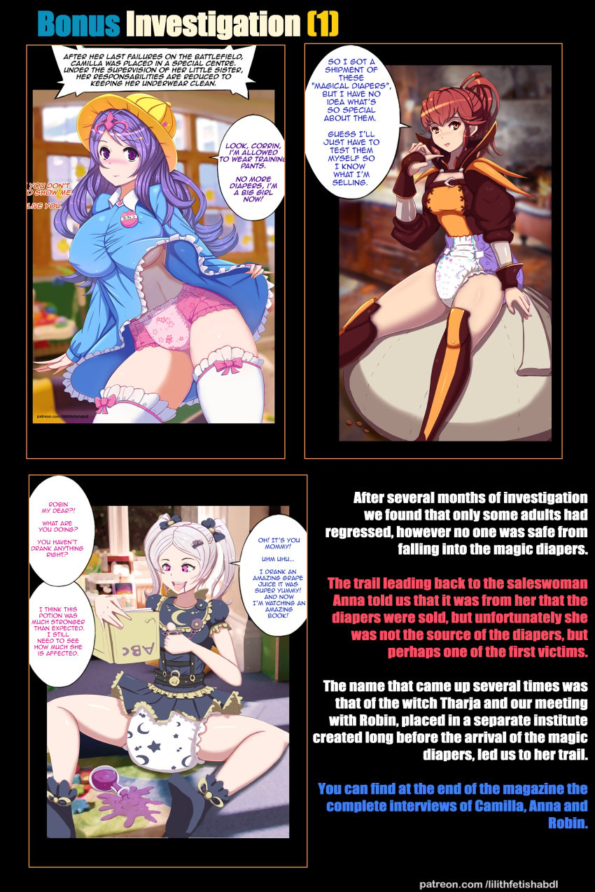 3girls abdl alternate_costume alternate_hairstyle anna_(fire_emblem) anna_(fire_emblem_awakening) bare_thighs breasts camilla_(fire_emblem) comic covered_nipples diaper english_text female_only femsub fire_emblem fire_emblem_awakening fire_emblem_fates grey_hair hat huge_breasts humiliation infantilism lifted_by_self lilith-fetish liquid looking_at_viewer mind_control multiple_girls nintendo panties pink_eyes pink_panties ponytail presenting purple_eyes purple_hair red_eyes red_hair robin_(fire_emblem) robin_(fire_emblem)_(female) skirt_lift small_breasts smile text thighhighs thighs twintails underboob upskirt