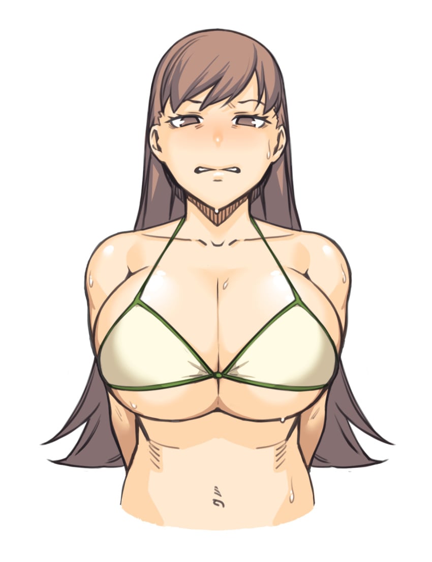 blush breasts brown_hair cleavage clenched_teeth dyun female highres huge_breasts kantai_collection long_hair looking_at_viewer navel ooi_(kantai_collection) simple_background solo sweat teeth white_background