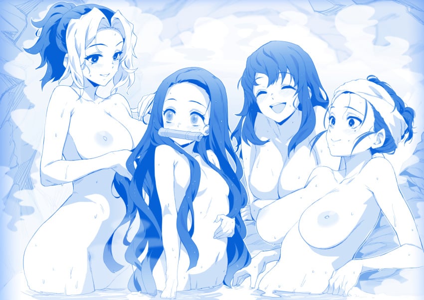 4girls age_difference bath bathing big_breasts completely_nude demon_slayer female female_only flat_chest flat_chested gag hair_censor hair_covering_breasts hinatsuru_(kimetsu_no_yaiba) hoosaku huge_breasts kamado_nezuko kimetsu_no_yaiba long_hair makio_(kimetsu_no_yaiba) mole_under_eye monochrome nude onsen partially_submerged ponytail smile steam suma_(kimetsu_no_yaiba) the_wives_(kimetsu_no_yaiba) tied_hair towel_on_head very_long_hair water wet whooosaku wide_hips