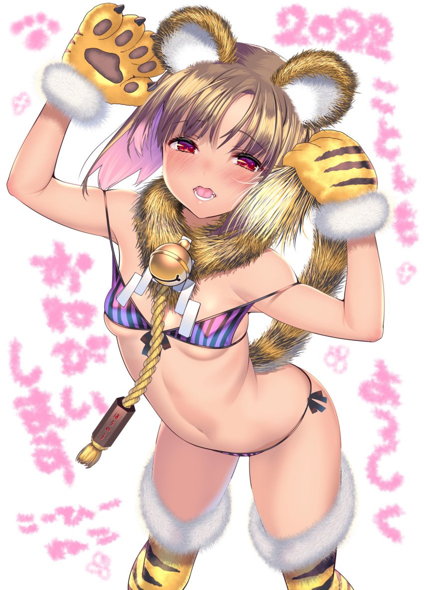 animal_ears animal_hands animal_print bangs bell bikini blonde_hair blush breasts chinese_zodiac coffee_cat collar colored_inner_hair eyebrows_visible_through_hair female fur_trim gloves highres looking_at_viewer multicolored_hair neck_bell open_mouth original paw_gloves red_eyes short_hair small_breasts striped striped_bikini swimsuit tail thighhighs tiger_ears tiger_print tiger_tail year_of_the_tiger