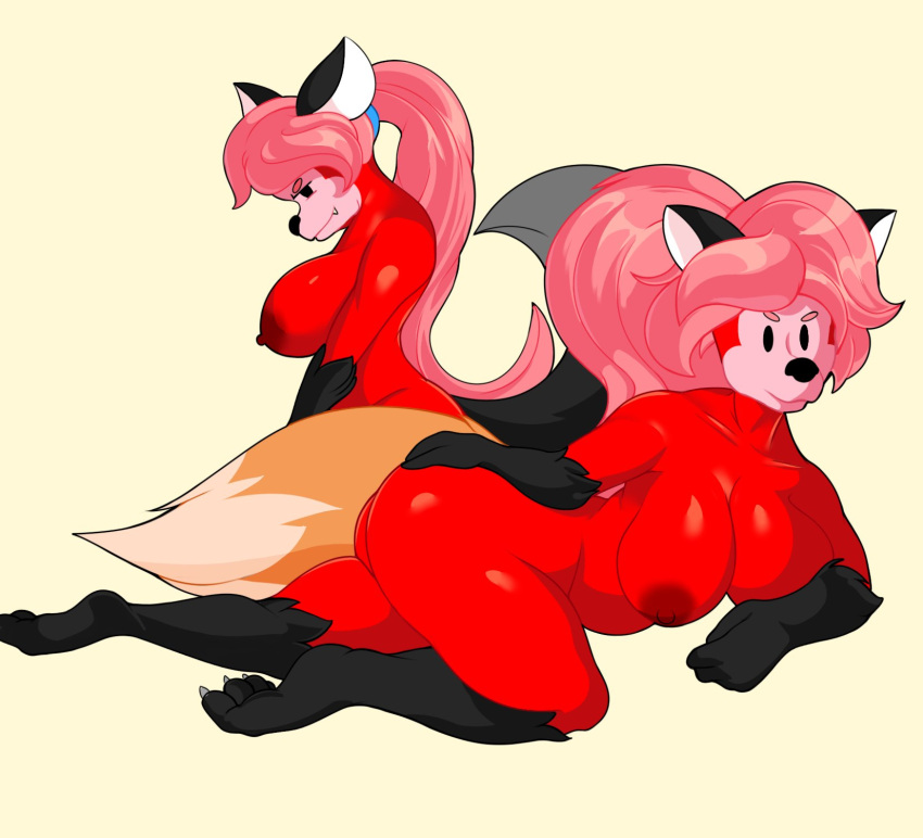 animal anthro big_ass big_breasts chebylamb dot_eyes fox fox_girl pink_hair red_body