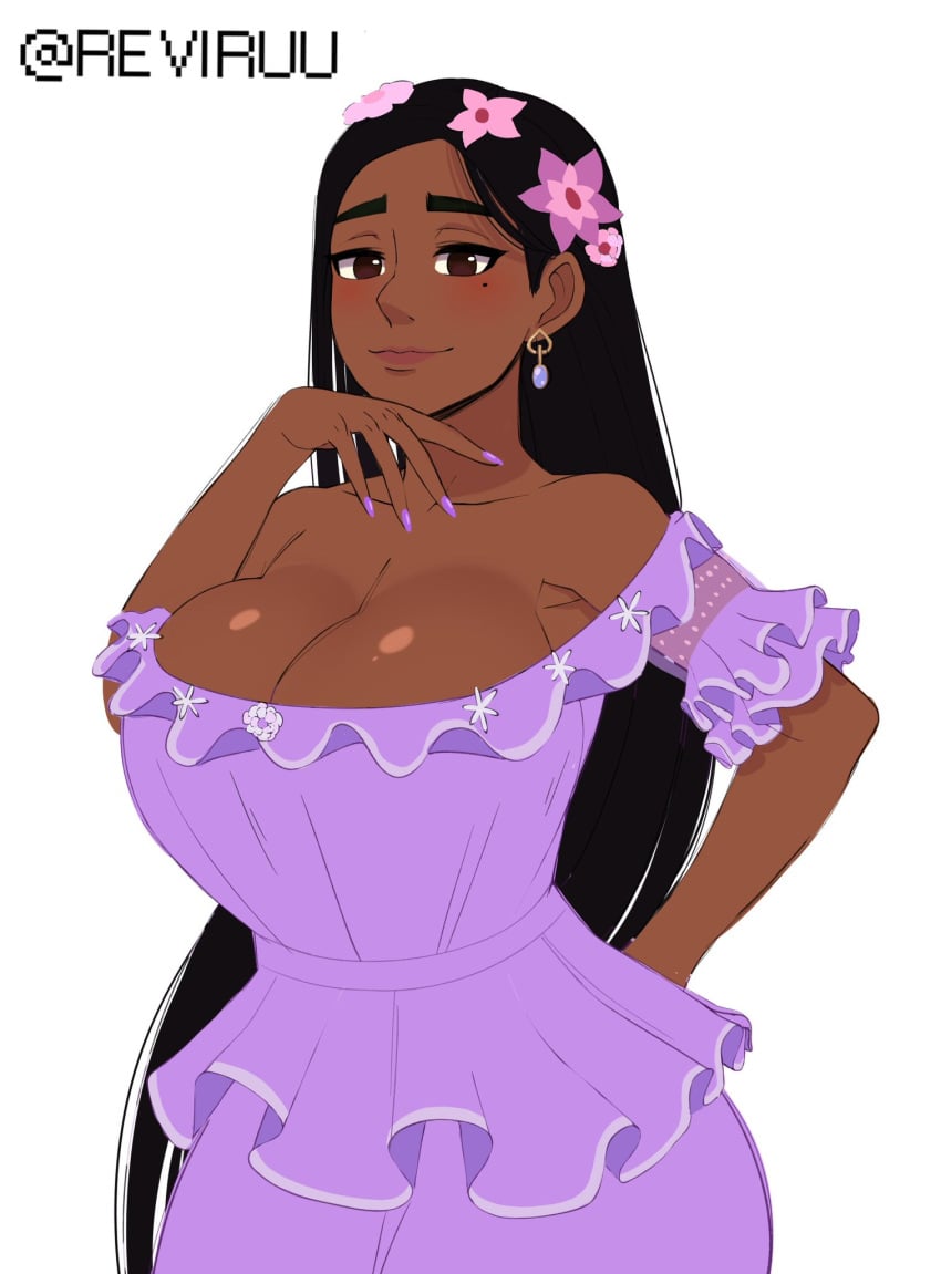 1girls armpit_crease big_breasts black_hair breasts cleavage clothed dark-skinned_female dark_hair disney dress encanto female female_only hair_ornament isabela_madrigal latina long_hair looking_at_viewer purple_dress reviruu seductive_smile solo solo_female