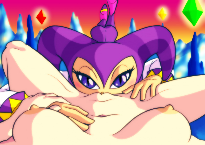 1boy 1girls ambiguous_gender blush cunnilingus erect_nipples eyelashes female_pov femboy hand_on_another's_head jester ladysomnambule large_breasts male male_on_female nights nights_into_dreams pov sega