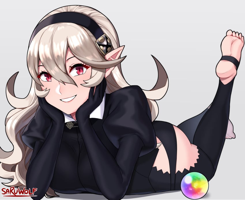 1girls :d artist_name artist_signature ass bare_thighs barefoot big_ass black_headband black_headwear black_panties black_underwear blonde_hair blouse bodysuit breasts cleavage clothing corrin_(fire_emblem) corrin_(fire_emblem)_(female) cowboy_shot eyebrows_visible_through_hair eyeliner feet feet_up female female_only fire_emblem fire_emblem_fates fire_emblem_heroes full_body grin hair_between_eyes hand_on_own_face headband headwear hi_res highres inner_thighs lingerie lipstick long_hair looking_at_viewer lying makeup medium_breasts nintendo on_stomach open-mouth_smile open_mouth orb panties pantsu pantyhose platinum_blonde_hair pointed_ears pointy_ears puffy_sleeves red_eyes sarukaiwolf shirt simple_background smile soles solo stirrup_legwear the_pose thighs toes underwear