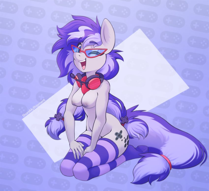 2021 anthro areola blue_eyes breasts cinnabyte clothing cutie_mark equid equine fan_character female hair hasbro horse legwear looking_at_viewer mammal mostly_nude my_little_pony nipples one_eye_closed pony purple_hair sharemyshipment signature simple_background solo thigh_highs wink