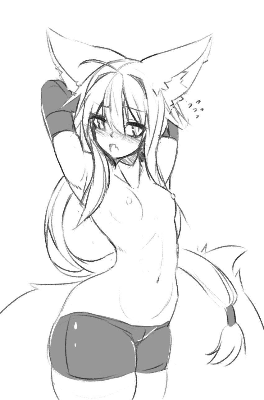 animal_ear_fluff animal_ears breasts bridal_gauntlets completely_nude elbow_gloves eyebrows_visible_through_hair female fox_ears fox_tail gloves hair_between_eyes hands_behind_head large_tail monochrome nipples nude original small_breasts sub-res suzu_(sub-res) tail