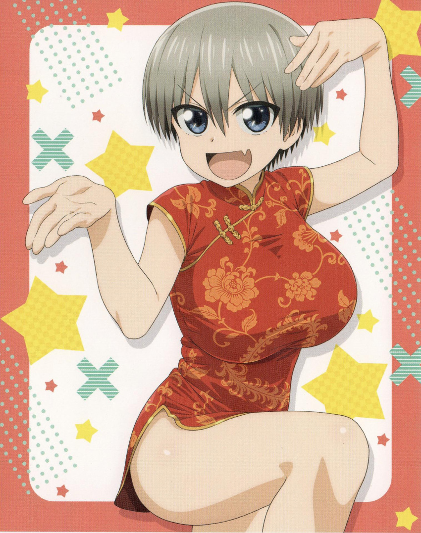 1girls :d artist_request bangs big_breasts blue_eyes border breasts bursting_breasts busty china_dress chinese_clothes cleavage cowboy_shot dress enormous_breasts female female_only fighting_stance floral_print grey_hair hair_between_eyes hand_up hi_res high_resolution highres huge_breasts knee_up looking_at_viewer massive_breasts microdress minidress oerba_yun_fang official_art open_mouth original pelvic_curtain red_border red_china_dress red_chinese_dress red_dress red_microdress red_minidress scan screencap screentones short_hair short_sleeves skin_fang sleeveless sleeveless_dress smile solo star_(symbol) top_heavy uzaki-chan_wa_asobitai! uzaki_hana v-shaped_eyebrows voluptuous white_background