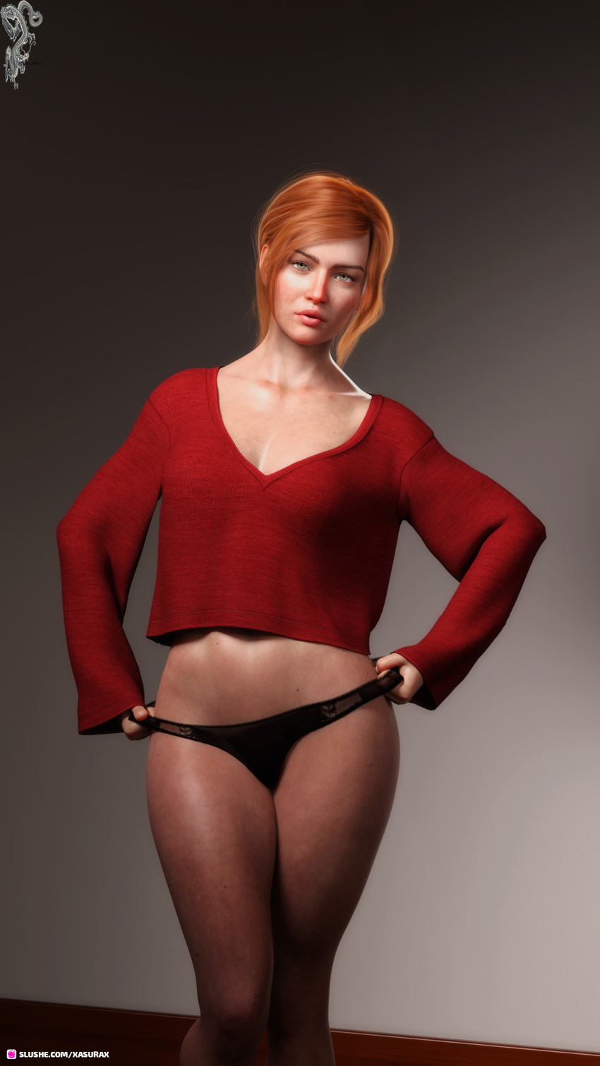 1girls 3d amber_(xasurax) black_panties clothed clothing female female_only looking_at_viewer medium_breasts orange_hair original original_character panties pinup realistic red_hair red_shirt shirt simple_background slushe_(website) solo solo_female standing xasurax