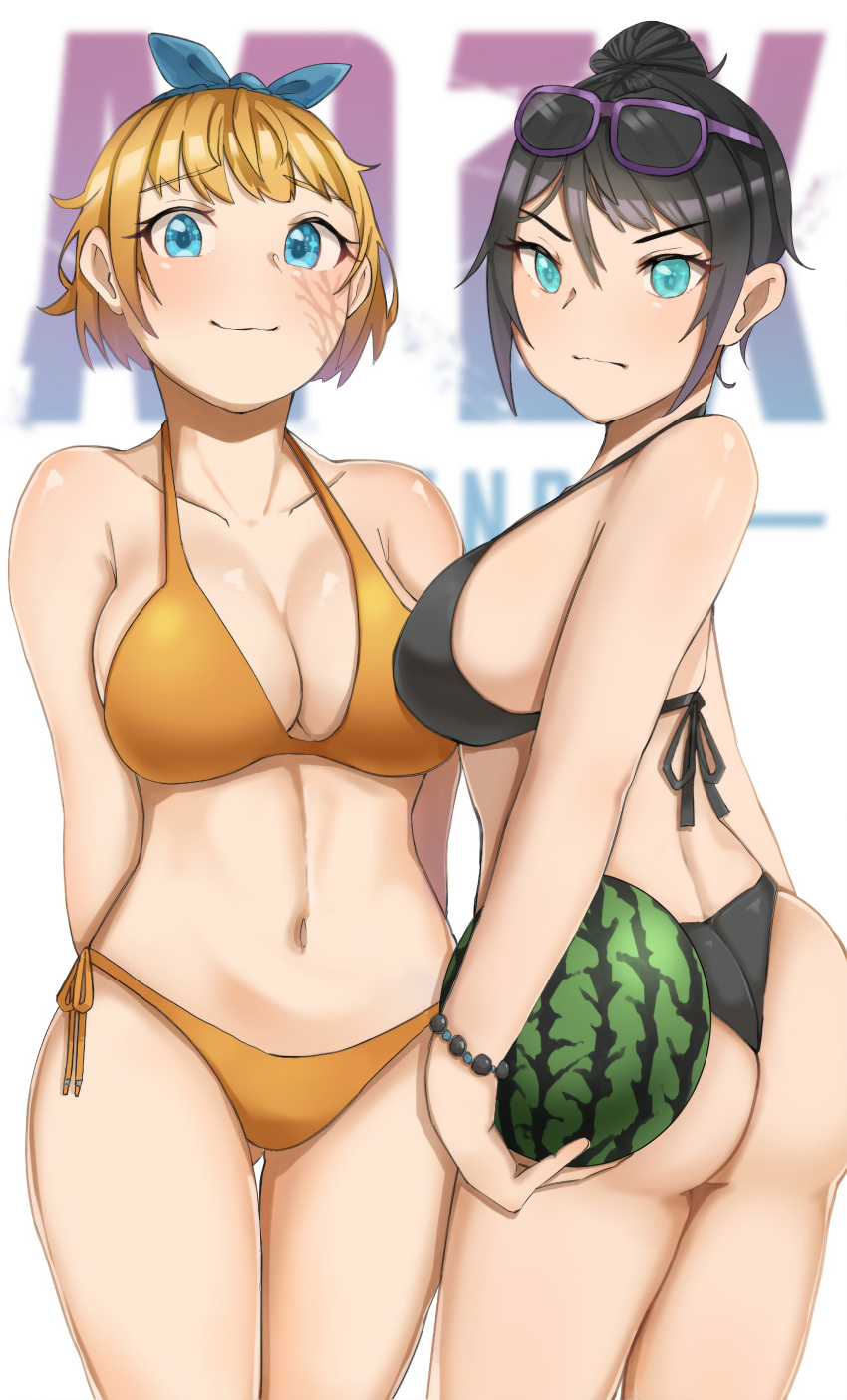 2d 2girls apex_legends big_ass big_breasts big_butt big_hips big_thighs bikini bottom_heavy breast_hold breast_squeeze breast_squish bubble_ass bubble_butt bursting_breasts bursting_butt lichtenberg_figure looking_at_another looking_at_viewer melon multiple_girls scar simple_background skin_tight_suit stretched_clothing swimsuit swimwear thick thick_ass thick_hips thick_legs thick_thighs tight_clothes tight_clothing tights viewed_from_below watermelon wattson_(apex_legends) wraith_(apex_legends)