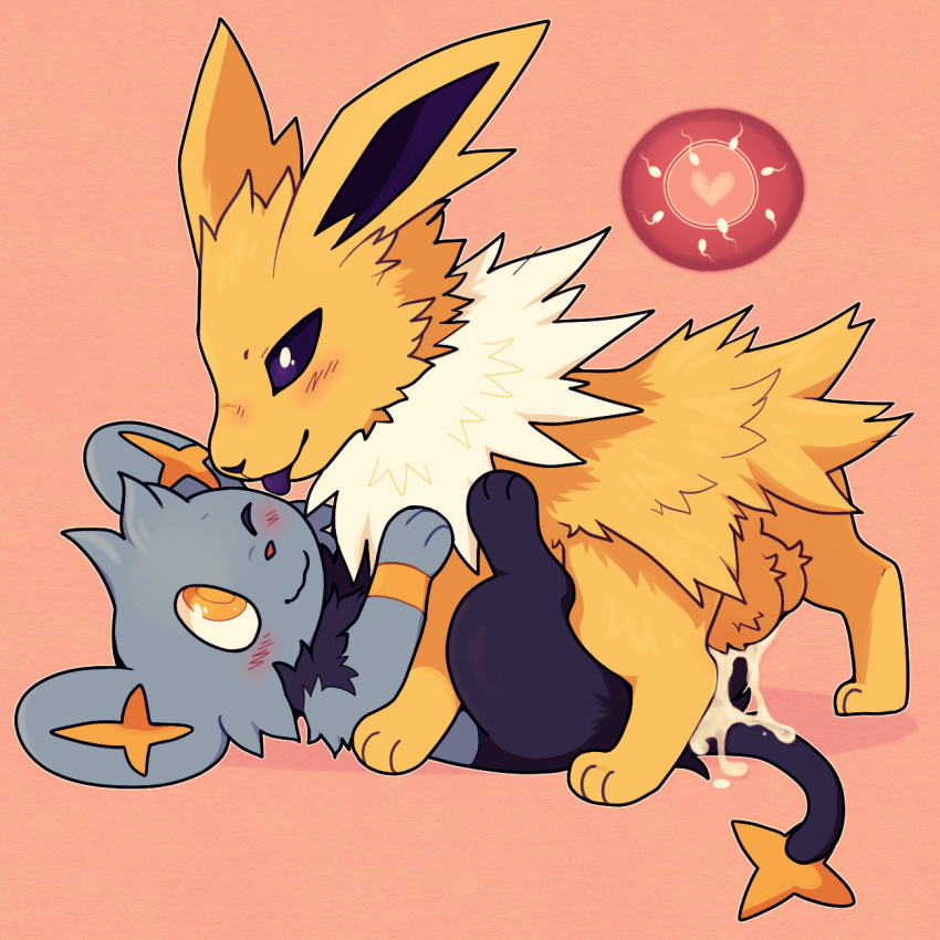 balls blush bodily_fluids cum duo eeveelution female feral feralsoren fluffy furry furry_only genital_fluids genitals hi_res impregnation jolteon male nintendo ovum pokémon_(species) pokemon pokemon_only shinx tongue tongue_out video_games