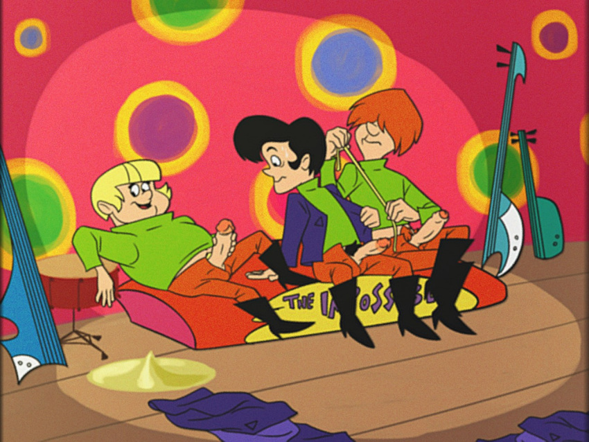 3boys black_hair blonde_hair coil_man erection fake_screenshot fluid_man guitar hair_over_eyes hanna-barbera heels ladysomnambule measuring_penis multi_man orange_hair penis_out pubic_hair short_hair sweating the_impossibles