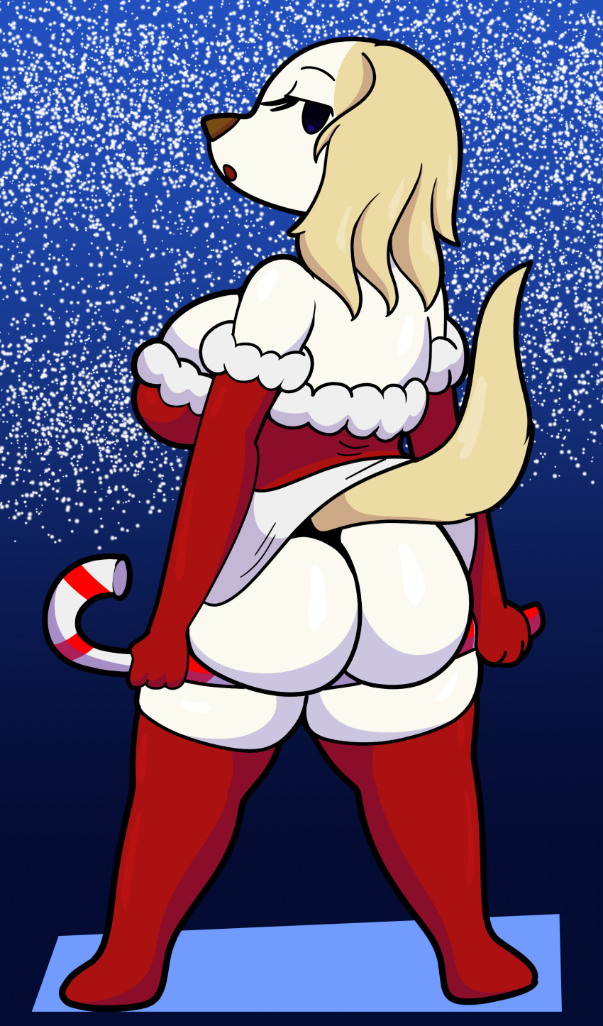 2021 absurd_res aggressive_retsuko anthro ass big_breasts big_butt blonde_hair blue_background blue_eyes borzoi breasts candy candy_cane canid canine canis christmas christmas_clothing clothing curvy_figure dessert digital_media_(artwork) domestic_dog dress eyelashes female fingerless_gloves fingers food fur gloves hair handwear hi_res holidays huge_breasts huge_butt hunting_dog inui_(aggressive_retsuko) looking_at_viewer looking_back mammal sanrio short_hair sighthound simple_background snow snowing solo someth1ngoranother standing straight_hair thick_thighs voluptuous white_body white_fur wide_hips