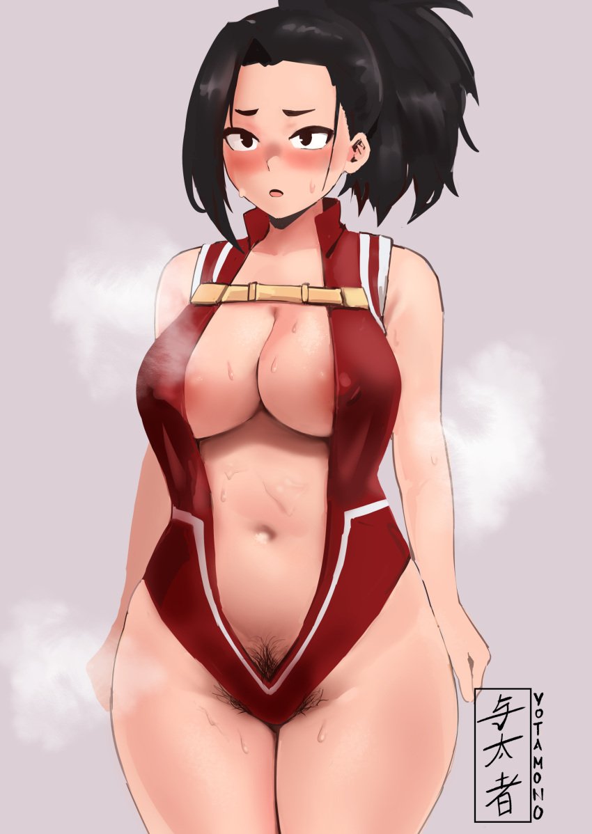 1girls absurdres big_breasts black_hair blush breasts cleavage female female_only highres large_breasts momo_yaoyorozu my_hero_academia navel ponytail pubic_hair slightly_chubby solo sweat thick_thighs wide_hips yotahen