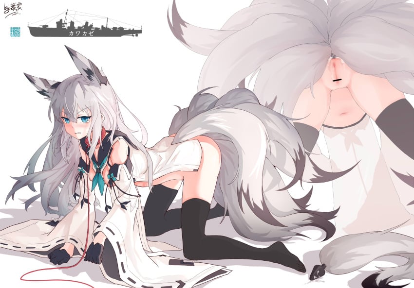 all_fours animal_ears anus azur_lane black_gloves black_legwear blue_eyes female fox_ears fox_tail gloves highres kawakaze_(azur_lane) liwendala long_hair long_sleeves multiple_tails multiple_views navel neckerchief pussy simple_background skirt solo tail thighhighs white_background white_hair wide_sleeves