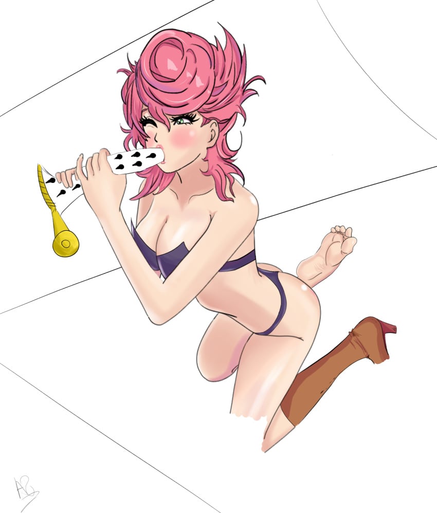 blush bruno_buccellati feet green_eyes jojo's_bizarre_adventure pink_hair sexy shadowheartfeet trish_una vento_aureo