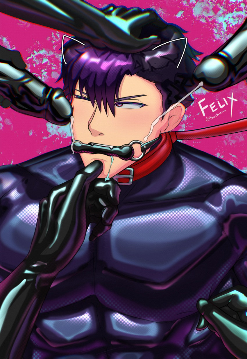 bar_gag cum cum_on_face felix_borealis hand_on_head latex latex_bodysuit leash_and_collar male male_only multiple_boys multiple_penises muscular_male one_eye_closed original original_character yaoi