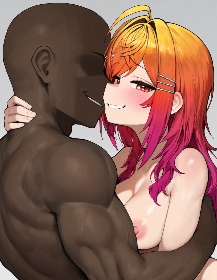 1boy 1boy1girl 1girls ai_generated dark-skinned_male faceless_male gradient_hair grin hand_around_neck hololive hololive_japan hug ichijou_ririka interracial looking_at_viewer muscular_male nipples nude orange_hair sideways_glance size_difference smirk straight sweat sweatdrop virtual_youtuber