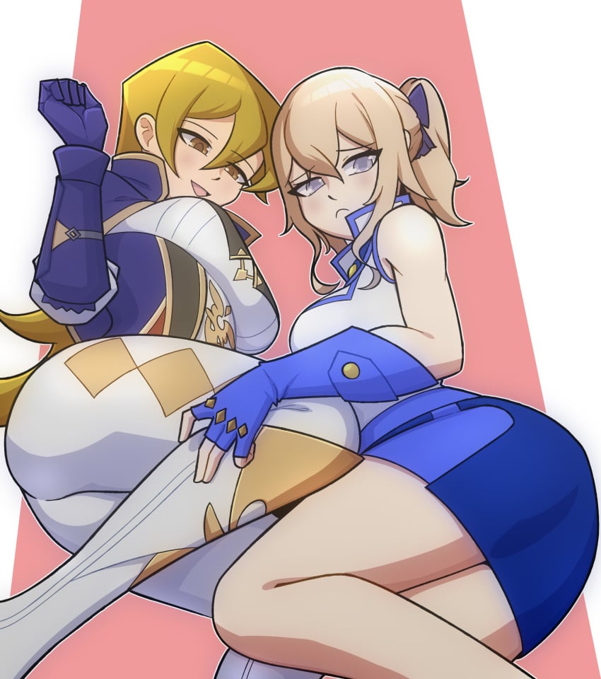 alexis_rhodes blonde_hair blue_eyes clothes_swap crossover fingerless_gloves genshin_impact gloves jean_gunnhildr looking_down skirt thighs whyass_ware yu-gi-oh!_gx