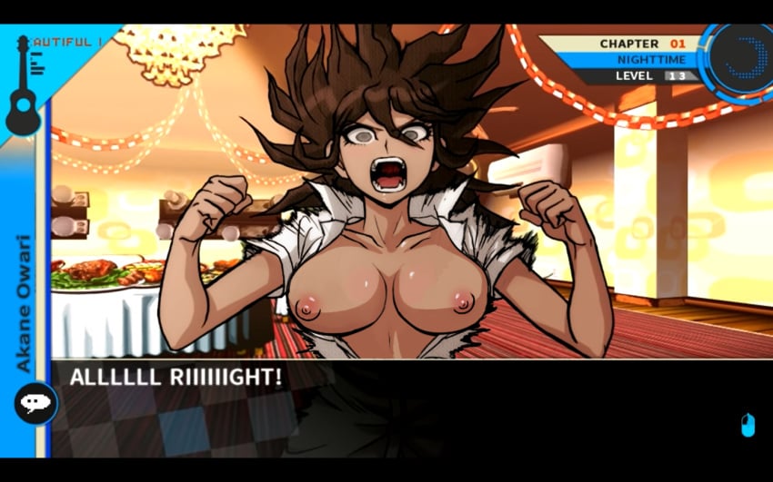 angry big_breasts breasts breasts_out brown_hair danganronpa danganronpa_2:_goodbye_despair dark-skinned_female edit food gameplay_mechanics kosine1777 nipples open_mouth owari_akane partially_clothed resturant short_hair sprite_edit standing tagme teeth text text_box tongue visual_novel