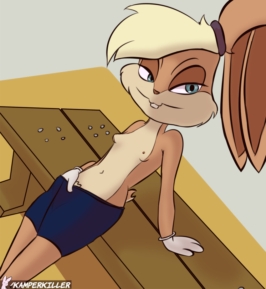 anthro bench clothed clothing female hand_in_panties hand_in_underwear hi_res kamperkiller_(artist) lagomorph leporid lola_bunny looney_tunes mammal panties ponytail_ears pubes rabbit solo spats topless underwear warner_brothers