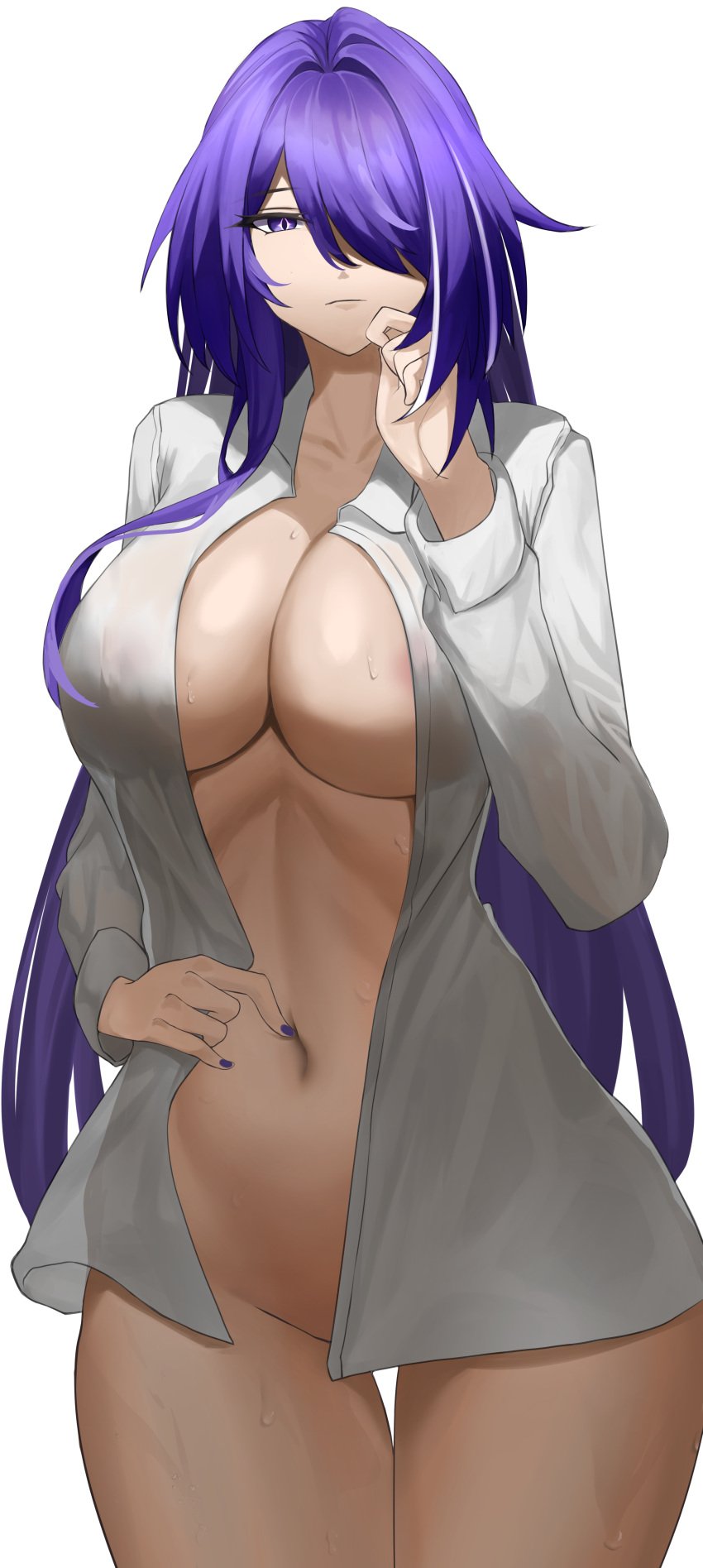 1girls absurdres acheron_(honkai:_star_rail) areola_slip breasts cleavage closed_mouth expressionless eyebrows_hidden_by_hair groin hair_between_eyes hand_on_own_stomach highres honkai:_star_rail honkai_(series) large_breasts long_hair looking_at_viewer moryana multicolored_hair nail_polish naked_shirt navel purple_eyes purple_hair shirt simple_background slit_pupils solo streaked_hair thigh_gap underboob very_long_hair wet white_background white_shirt