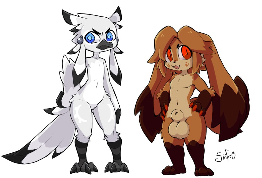 absurd_res atlyss avian balls beak bird black_beak blue_eyes byrdle_(atlyss) cel_shading duo fangs feathers floppy_ears fur genitals hi_res long_ears male male/male mammal orange_body orange_fur penis poon_(atlyss) red_eyes shaded simple_background sinfrou teeth white_background white_body white_feathers wide_hips