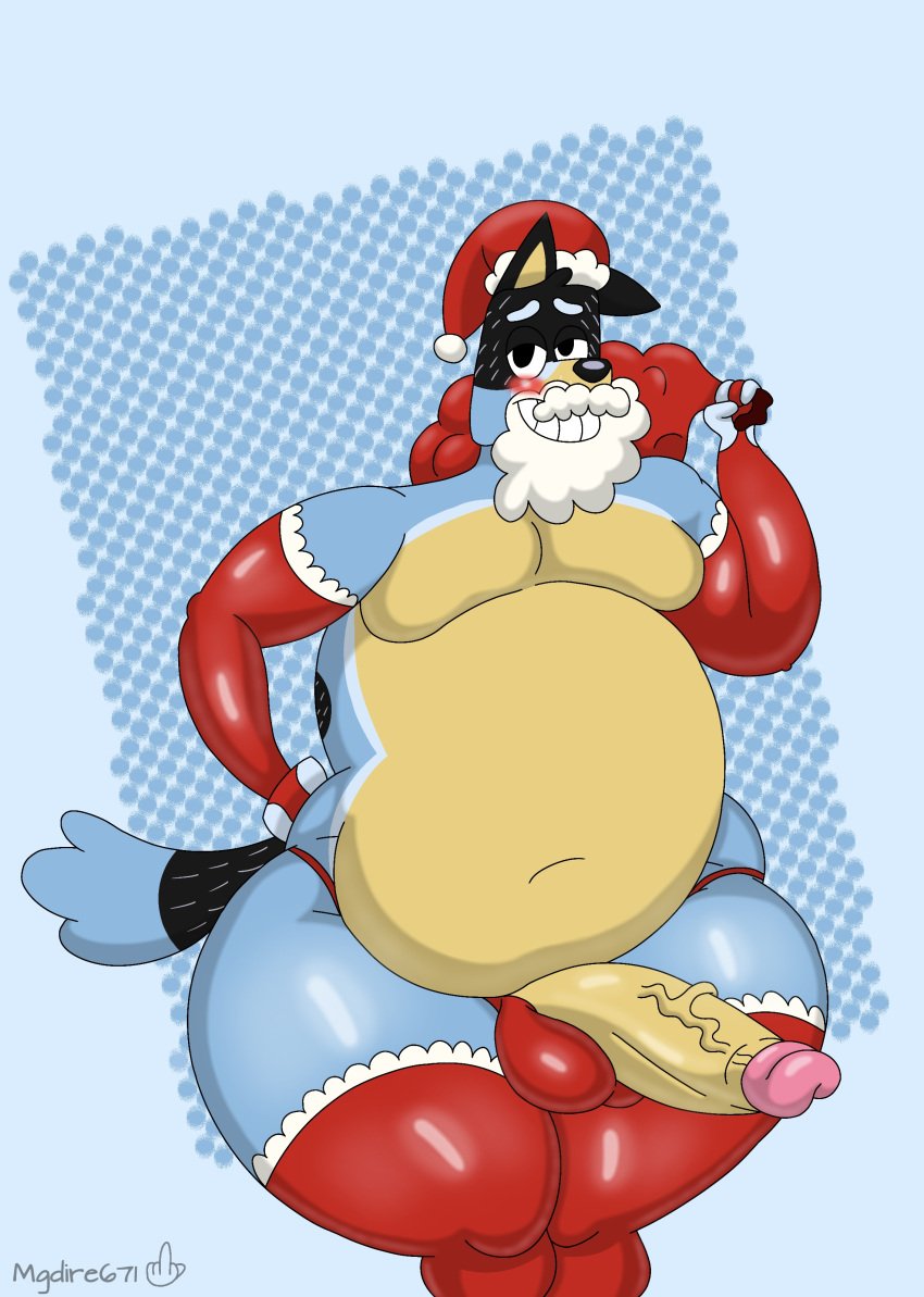 absurd_res anthro armwear australian_cattle_dog bag balls bandit_heeler beard belly big_belly big_penis blue_background blue_body blue_fur bluey_(series) blush bovid bovine canid canine canis cattle cattledog christmas christmas_clothing christmas_headwear christmas_stocking clothing costume domestic_dog facial_hair fur genitals hat headgear headwear herding_dog hi_res holidays huge_cock legwear male mammal mgdire671 moobs obese obese_anthro obese_male overweight overweight_anthro overweight_male pastoral_dog penis red_armwear red_clothing red_legwear red_thong red_underwear santa_claus santa_costume santa_dress santa_hat simple_background solo stockings tail thick_thighs thong underwear vein veiny_penis