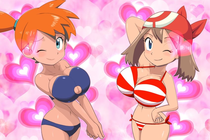 2girls ;) alternate_breast_size asymmetrical_hair bandana bikini blue_eyes blush breasts brown_hair cleavage creatures_(company) female_focus game_freak heart highres huge_breasts kasumi_(pokemon) large_breasts looking_at_viewer may_(pokemon) multiple_girls navel nintendo one_eye_closed orange_hair pokemon pokemon_(anime) pokemon_rgby pokemon_rse ponytail short_hair side_ponytail smile striped_bikini striped_clothes swimsuit thick_thighs thighs wink