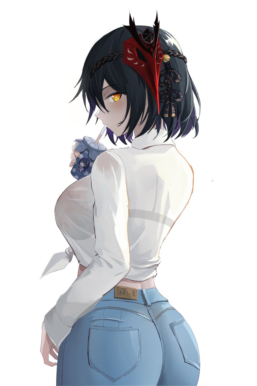 1girls absurd_res arched_back ass back back_view baige0 bangs big_ass big_breasts big_butt black_bra black_lingerie bra breasts butt denim drinking female genshin_impact hair_between_eyes hair_ornament hi_res highres hips huge_ass huge_butt human jeans kujou_sara lace lace-trimmed_bra large_ass large_breasts lingerie looking_at_viewer looking_back plain_background purple_hair see-through see-through_clothing short_hair sideboob simple_background slim_waist small_waist solo thick_ass tied_shirt waist white_background white_shirt wide_hips yellow_eyes