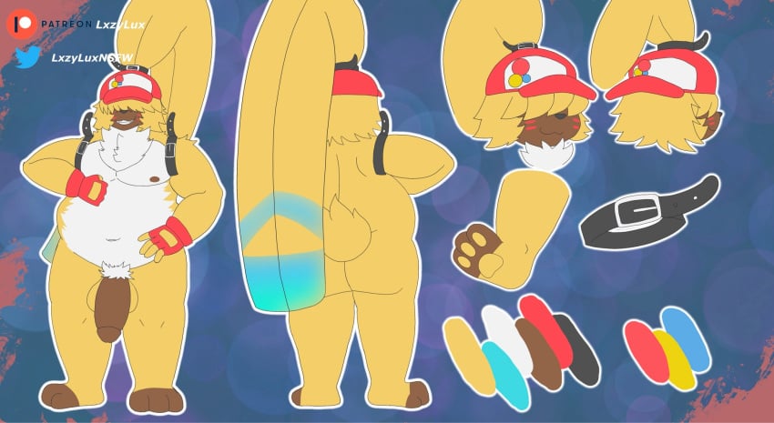 angoramon anthro ass backwards_baseball_cap backwards_hat bandai_namco baseball_cap belly clothing digimon digimon_(species) fingerless_gloves flaccid fur genitals gloves hair hair_over_eyes handwear hat headgear headwear hi_res lagomorph leporid long_ears lxzylux male mammal mostly_nude musclegut muscular navel nipples pecs penis ponytail_ears rabbit solo yellow_body yellow_fur