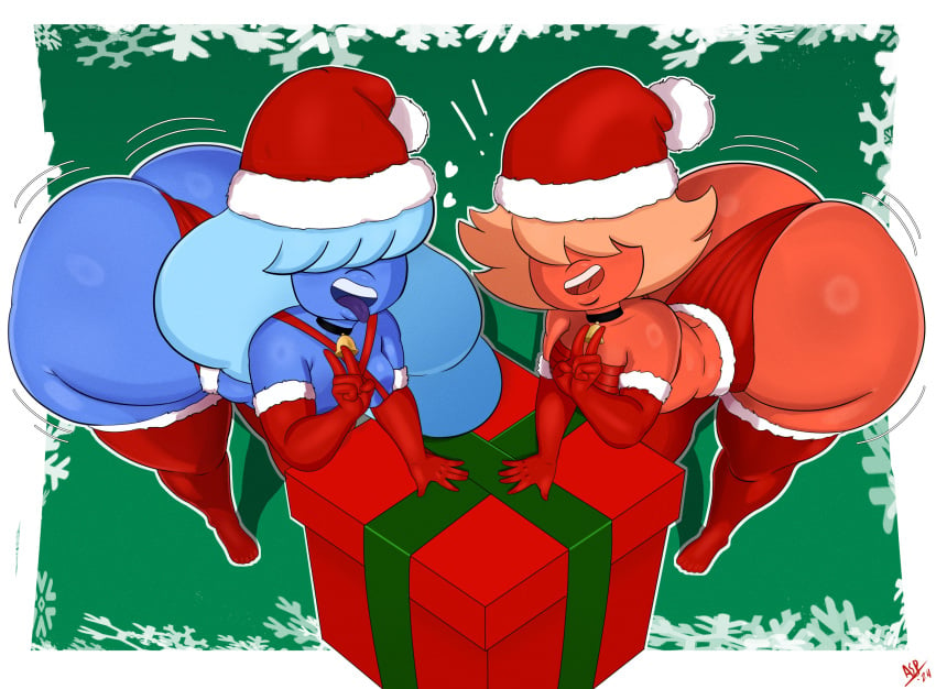 2girls aspirantpill bangs_over_eyes bell_collar big_ass blue_hair blue_skin christmas christmas_outfit elbow_gloves gem_(species) heart lingerie orange_hair orange_skin padparadscha_(steven_universe) peace_sign present santa_hat sapphire_(steven_universe) steven_universe stockings thighhighs to tongue_out wobbling_ass