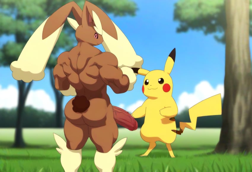 ai_generated anthro futanari futanari/male looking_back lopunny muscular pikachu pokemon pokemon_(species)