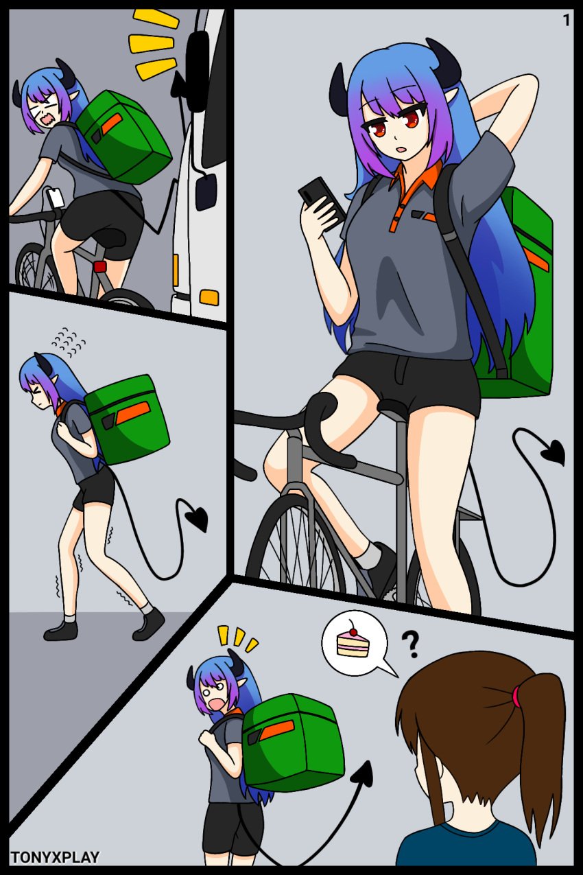 blue_hair comic comic_page demon_horns double_color_hair female job long_hair mikanory_sucubo original_character purple_hair red_eyes shorts succubus succubus_horns succubus_tail t-shirt tony_x_play tonyxplay