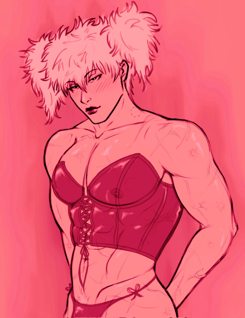 alternate_costume big_pecs bite_mark blush bulge bustier canon_crossdressing corset crossdressing gintama gintoki_sakata lipstick looking_at_viewer makeup male male_only manly_crossdresser monochrome muscular muscular_male nipples_visible_through_clothing paako panties pecs pectoral_cleavage pink_theme scars scars_all_over see-through_clothing smile so_so_seoz solo twintails wig