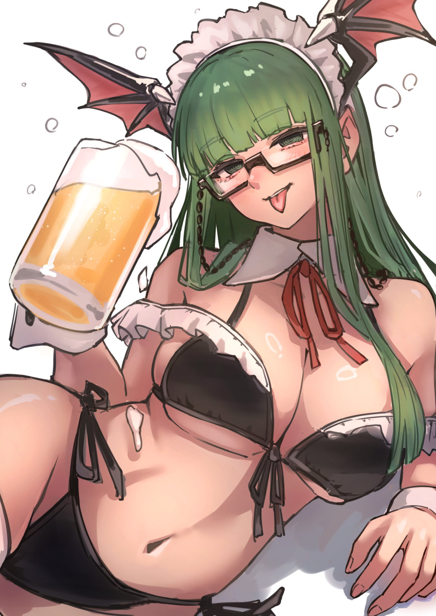 @_@ absurdres alcohol ap_cammy beer beer_mug bikini black_bikini breasts cup darkstalkers demon_girl demon_wings female front-tie_bikini_top front-tie_top glasses green_eyes green_hair head_wings highres holding holding_cup large_breasts long_hair maid_headdress morrigan_aensland mug navel semi-rimless_eyewear side-tie_bikini_bottom solo swimsuit under-rim_eyewear wings