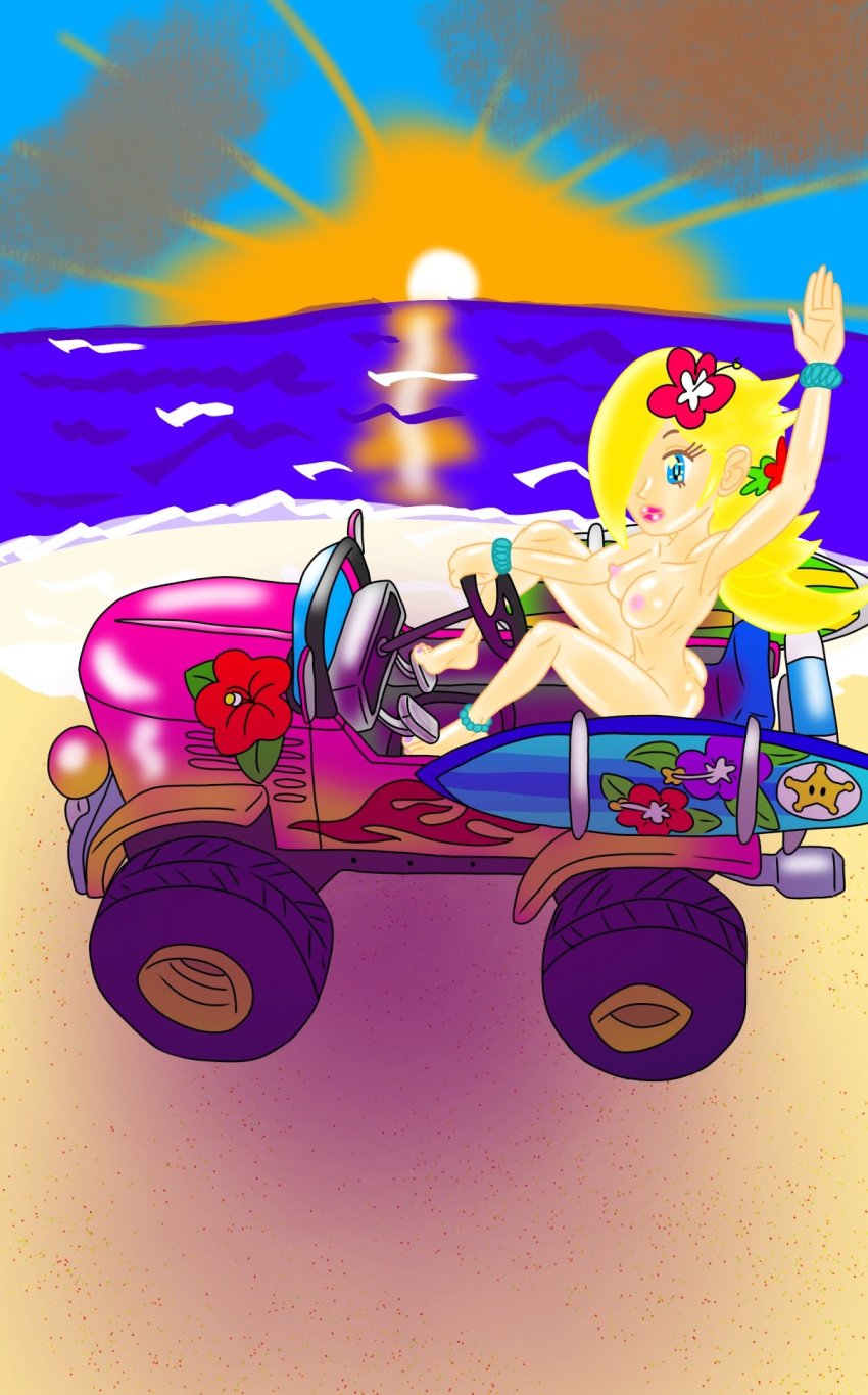 1girls barefoot beach car driving mario_(series) mario_kart mario_kart_tour mr_plushgore naked nudity pedal pedal_pumping pedals princess_rosalina shiny_skin steering_wheel vehicle