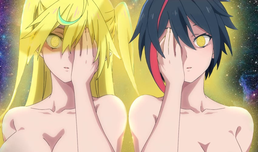 black_hair blonde_hair demon_girl glowing hand_on_head looking_at_viewer naked red_hair red_highlights short_hair space yellow_eyes