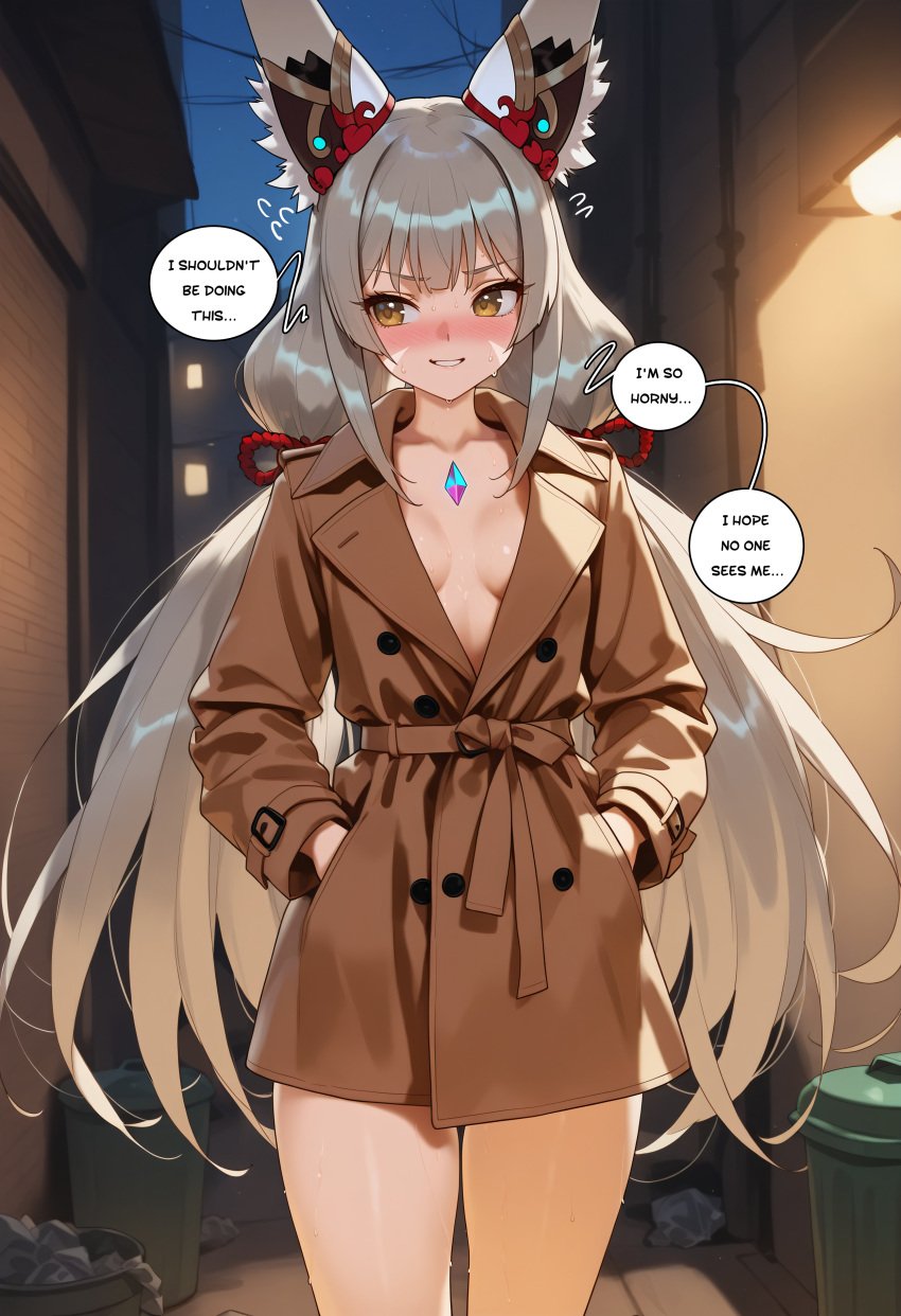 ai_generated alley alternate_costume animal_ear_fluff animal_ears blush breasts brown_coat cat_ears chest_jewel coat collarbone core_crystal cowboy_shot english_text exhibitionism female grey_hair hands_in_pockets long_hair long_sleeves low_twintails nervous_smile nia_(blade) nia_(blade)_(xenoblade) nia_(xenoblade) night outdoors public_indecency small_breasts smile solo speech_bubble standing sweat thighs trash_can trench_coat twintails very_long_hair vysetf xenoblade_(series) xenoblade_chronicles_2 yellow_eyes